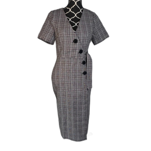 Nic & Jo Black & White Plaid Tie Side Wrap Bodycon Dress Button Detail Sz Small - Picture 11 of 11